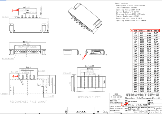 fpc1mm連接器規(guī)格書(shū)之接插件雙面接臥式貼片[宏利]