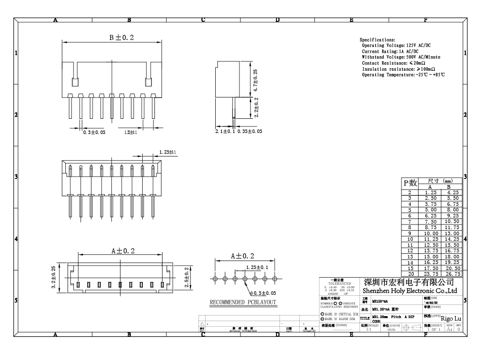 線對板后焊連接器1.25MM間距6A PCB端子 直插電子線束膠殼接插件,宏利