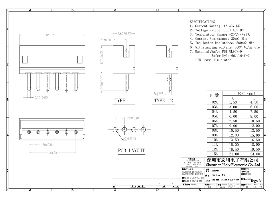 ZH1.5mm 6P 單排連接器1.5mm間距 6芯接插件 直針,宏利
